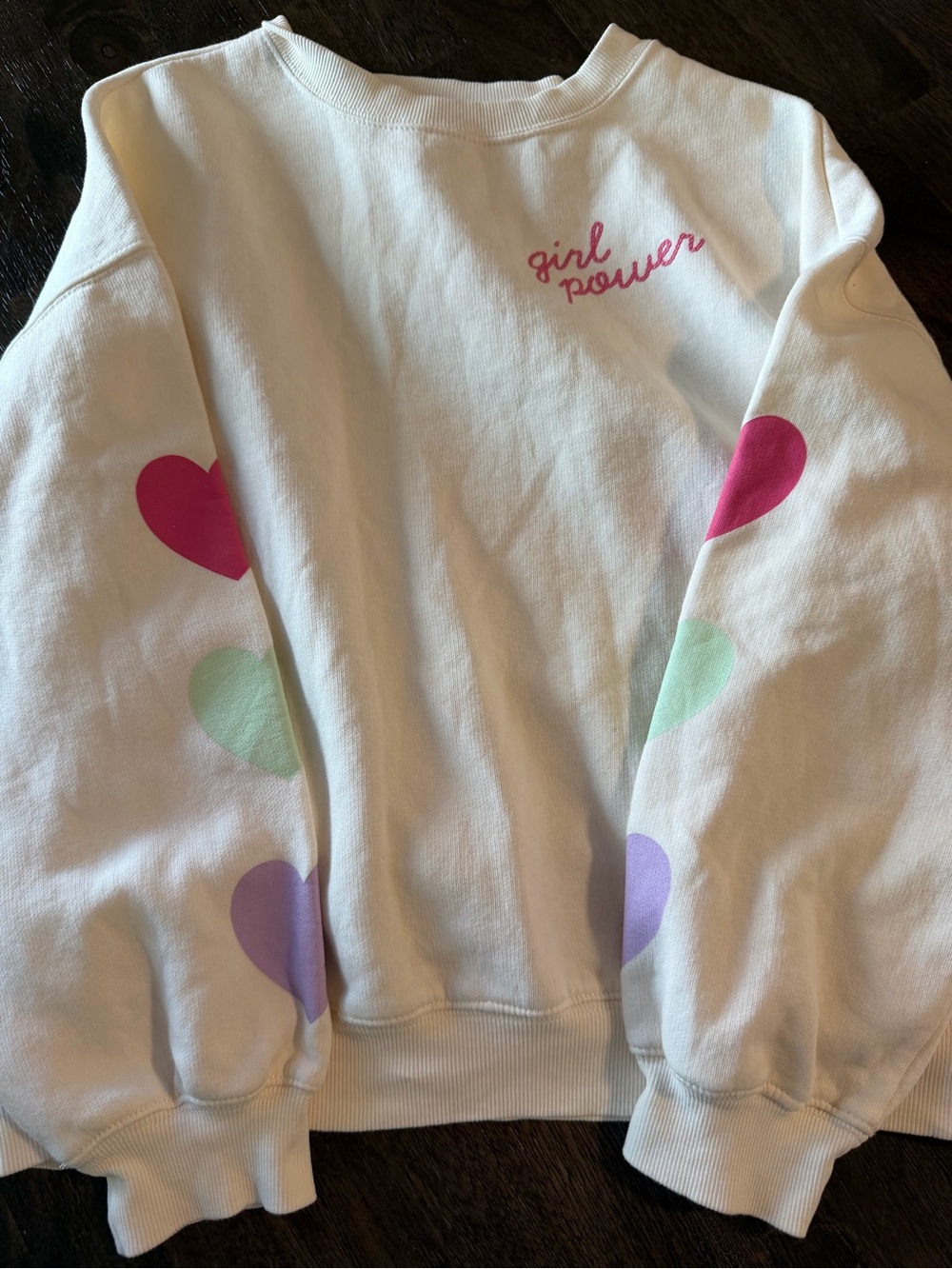 Old Navy White Sweatshirt with Pink, Mint & Lavender Hearts